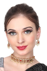 Kemp Gold Plated Choker & Earring set with Multi coloured stone.