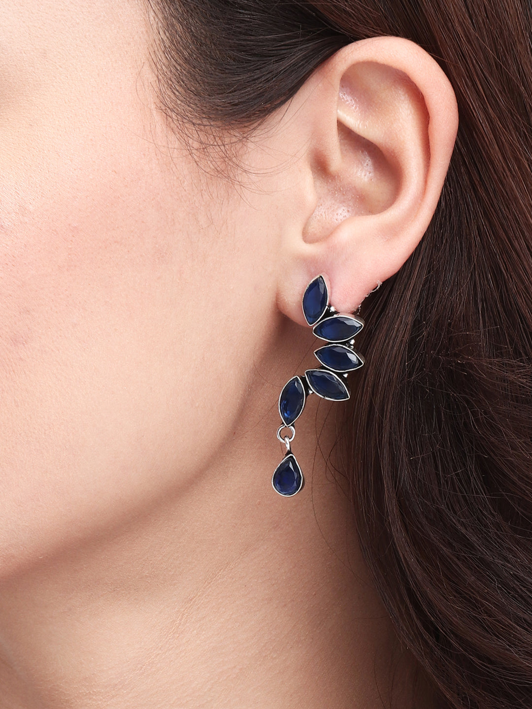 Silver Oxidised finish Blue Monalisa stone drop earring