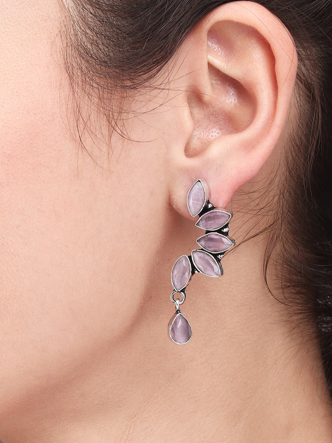 Silver Oxidised finish Light Pink Monalisa stone drop earring