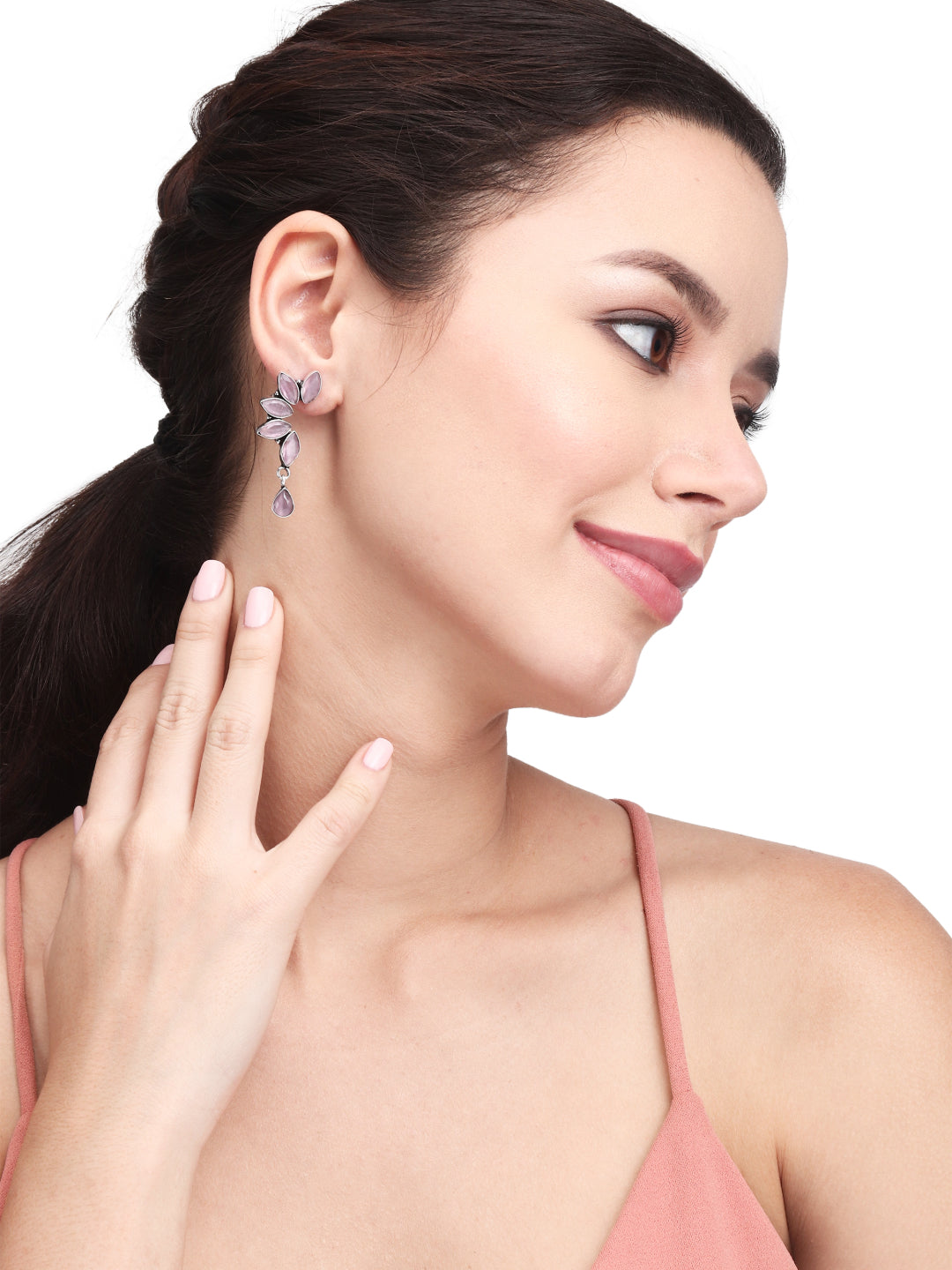 Silver Oxidised finish Light Pink Monalisa stone drop earring