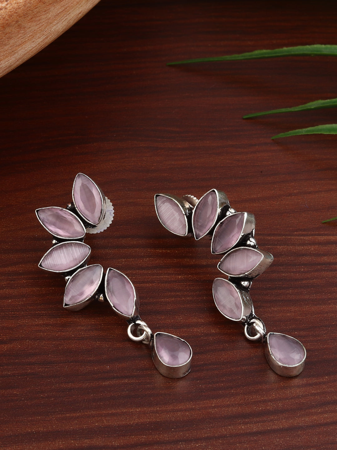 Silver Oxidised finish Light Pink Monalisa stone drop earring