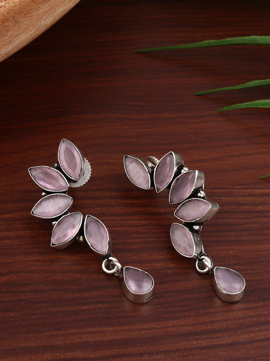 Silver Oxidised finish Light Pink Monalisa stone drop earring