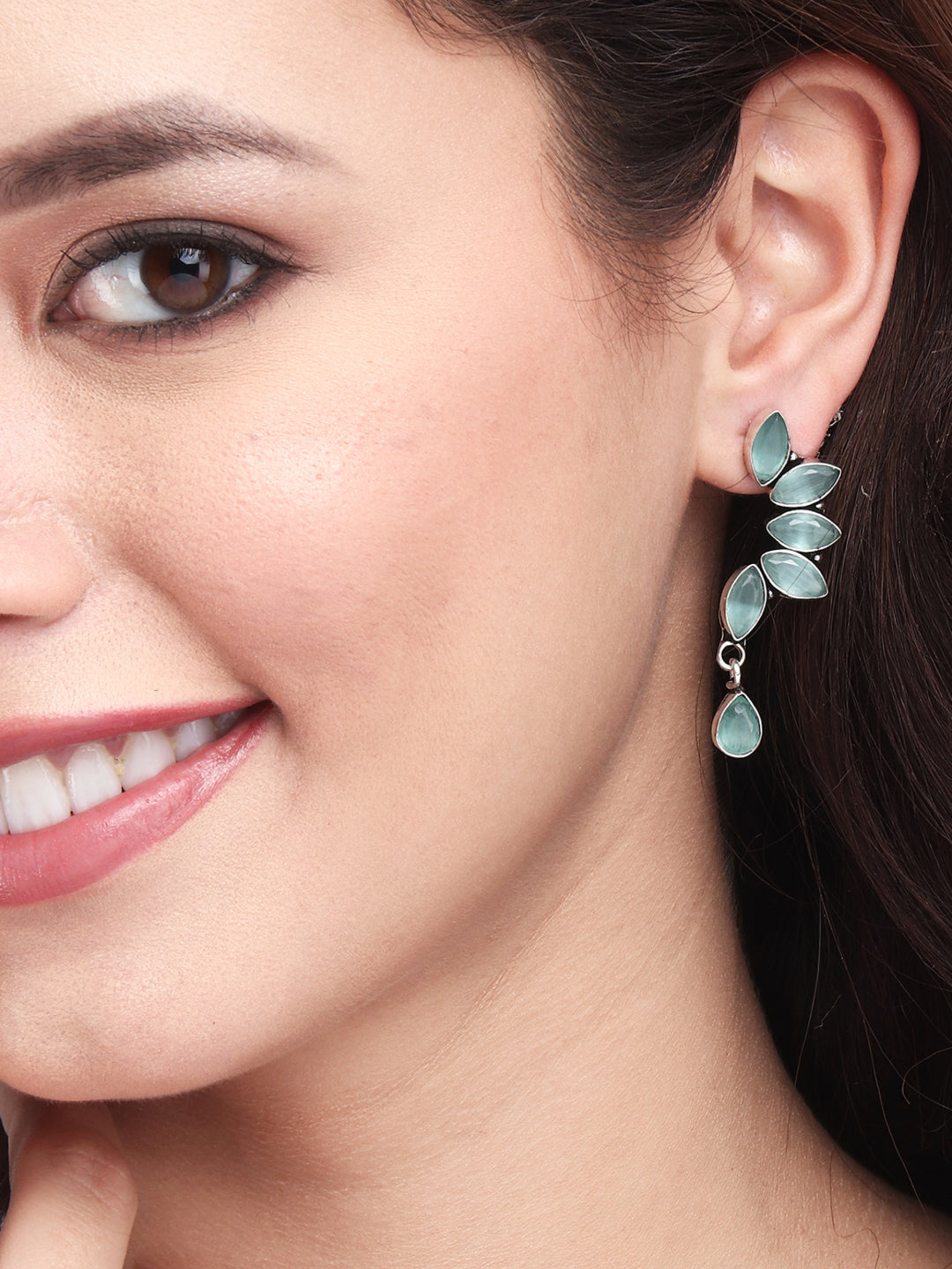 Silver Oxidised finish Sage Green Monalisa stone drop earring