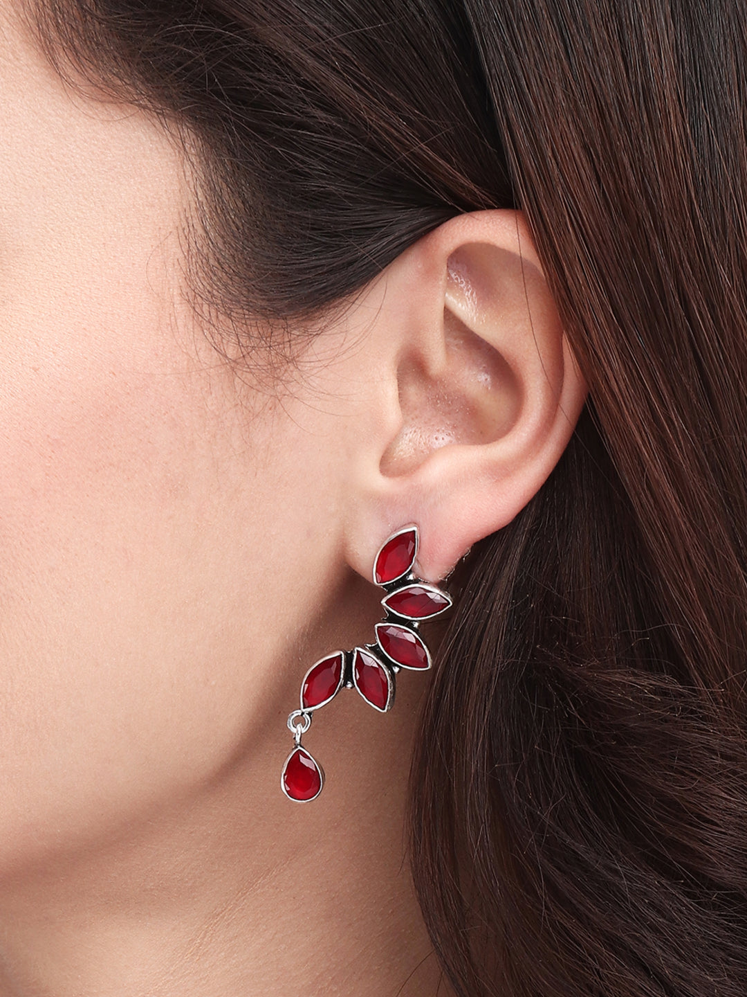 Silver Oxidised finish Red Monalisa stone drop earring