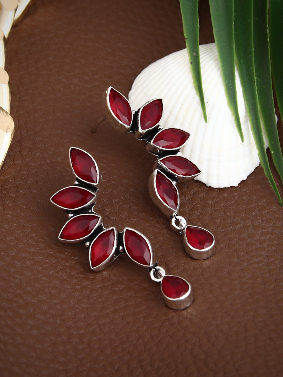 Silver Oxidised finish Red Monalisa stone drop earring