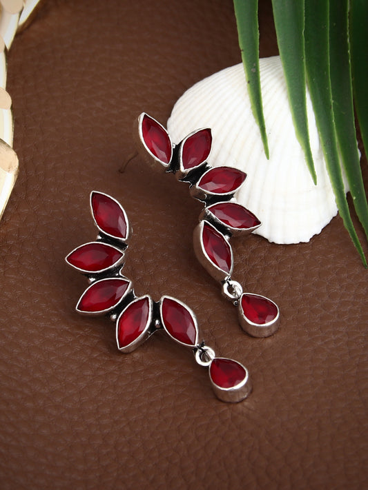 Silver Oxidised finish Red Monalisa stone drop earring