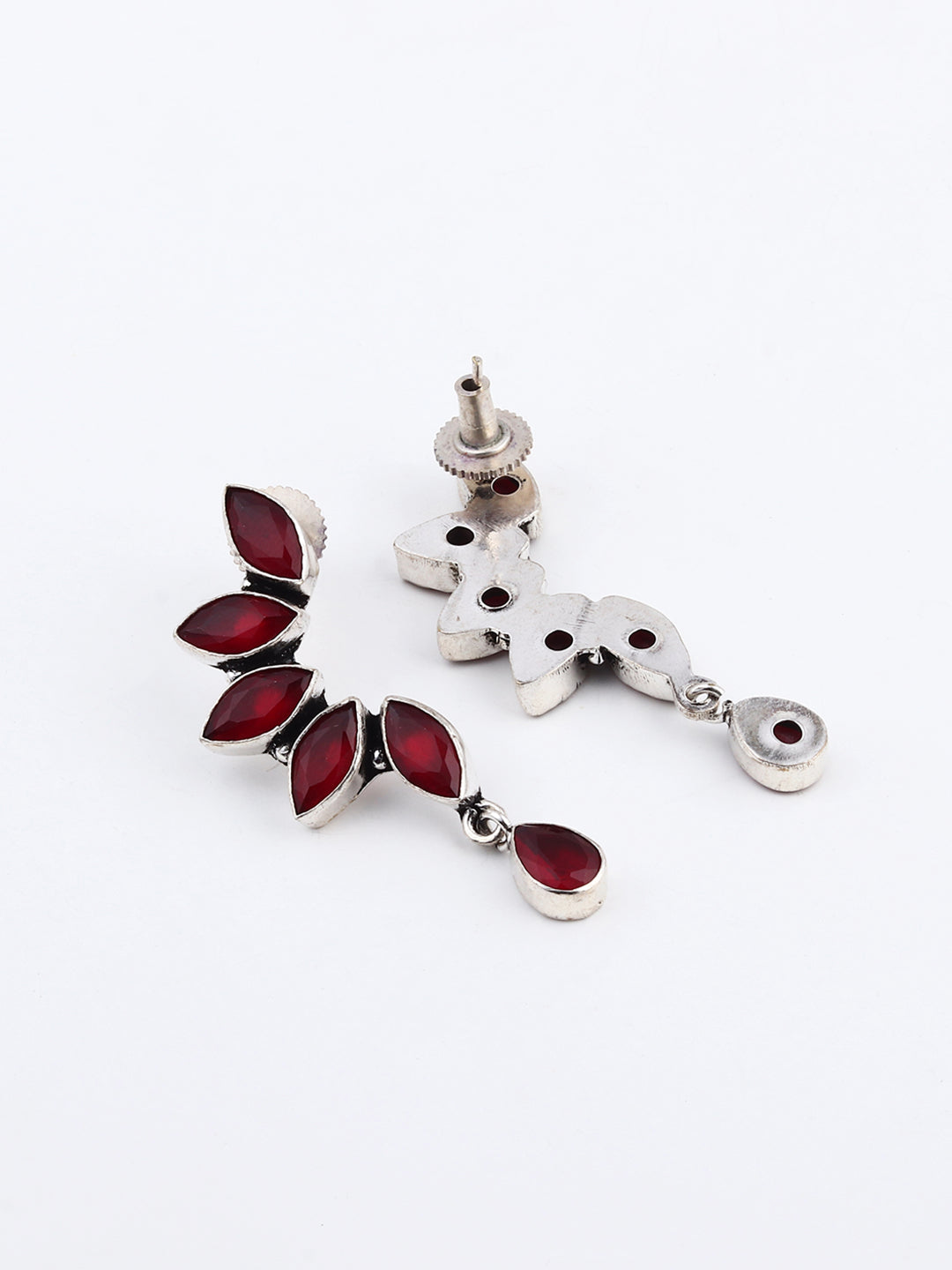 Silver Oxidised finish Red Monalisa stone drop earring