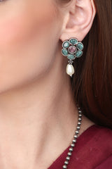 Silver Oxidised finish long necklace & earring set
