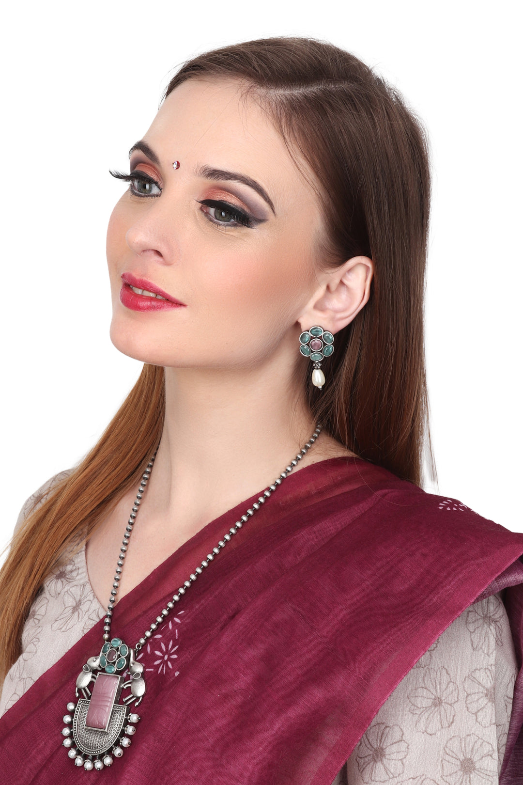 Silver Oxidised finish long necklace & earring set