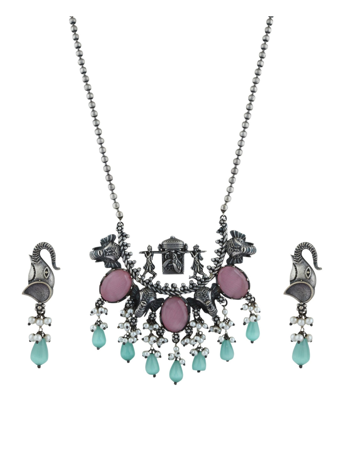 Silver Oxidised finish Elephant long necklace & earring set