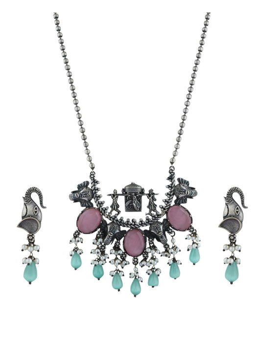 Silver Oxidised finish Elephant long necklace & earring set