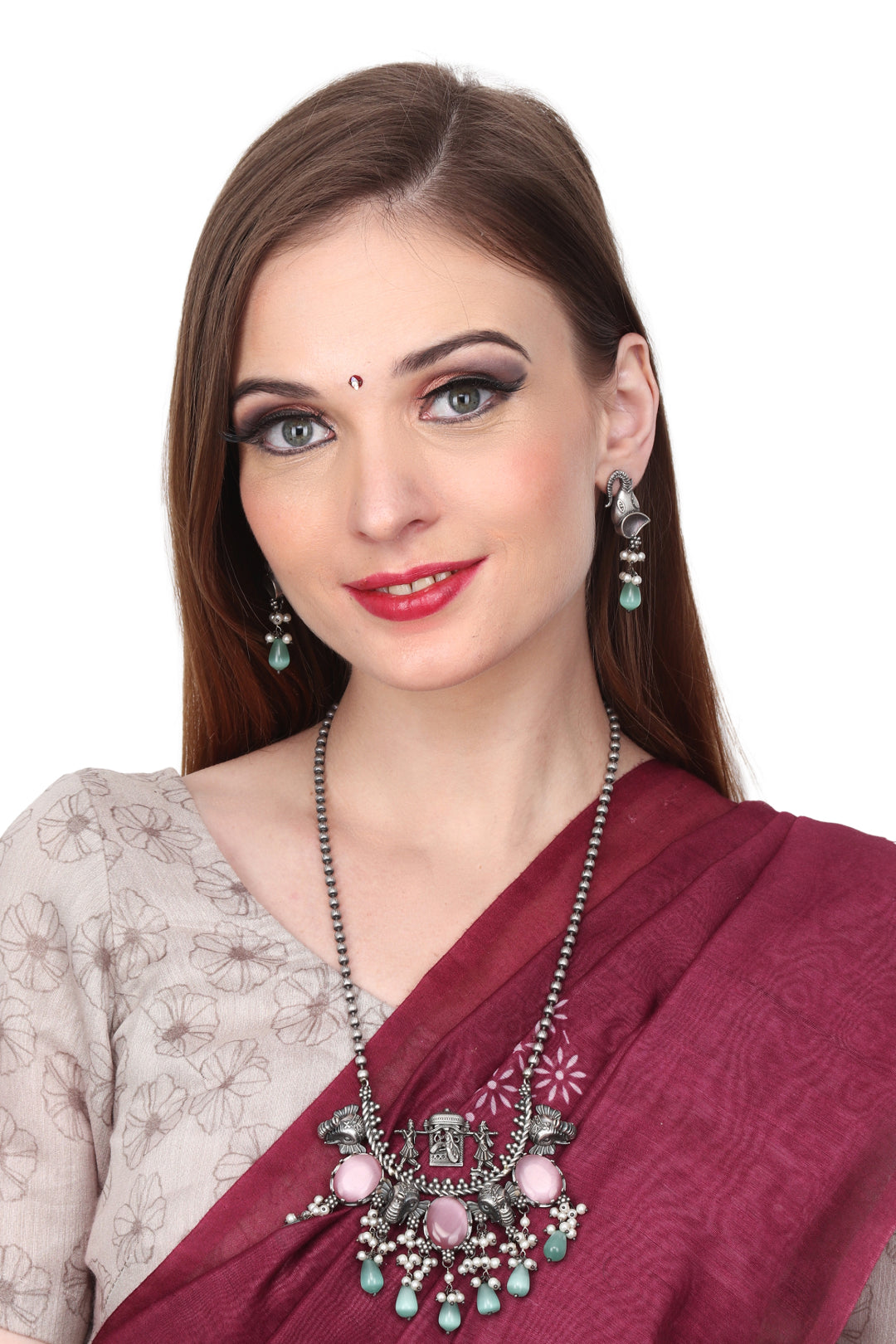 Silver Oxidised finish Elephant long necklace & earring set