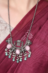 Silver Oxidised finish Elephant long necklace & earring set