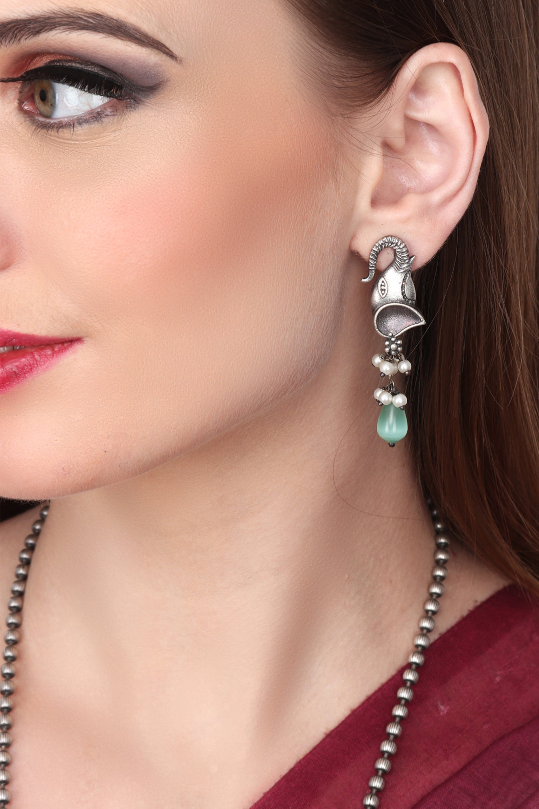 Silver Oxidised finish Elephant long necklace & earring set