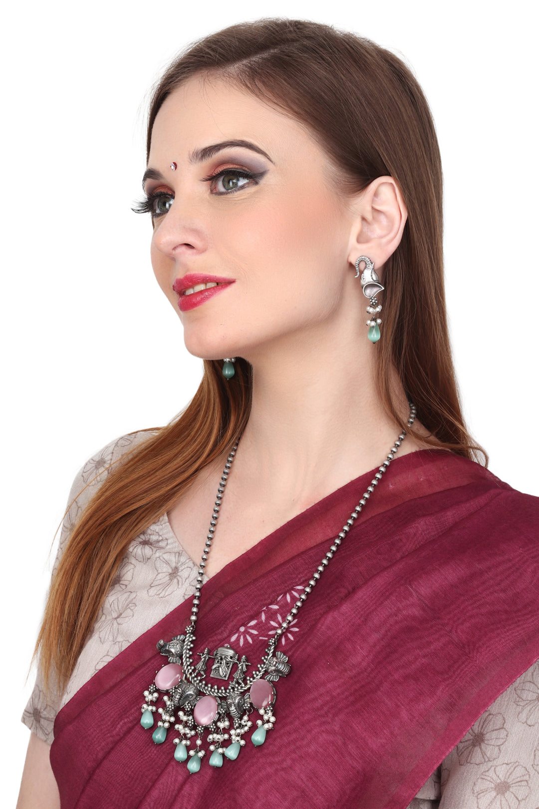 Silver Oxidised finish Elephant long necklace & earring set