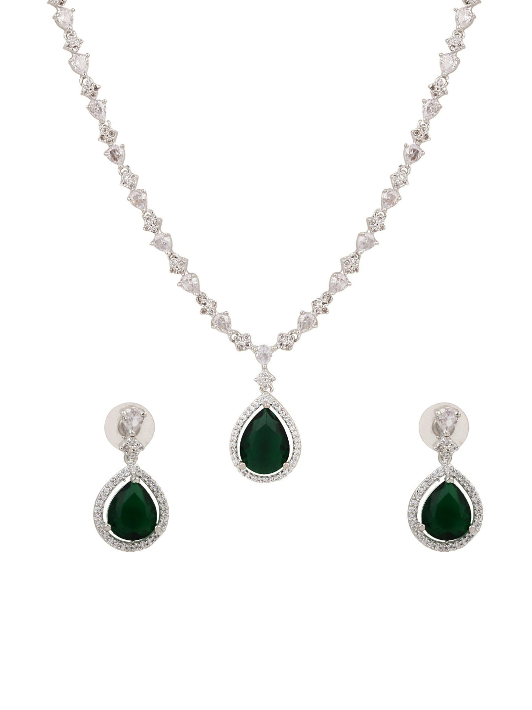 CZ Necklace with Pendant & Drop Earring Set in Green