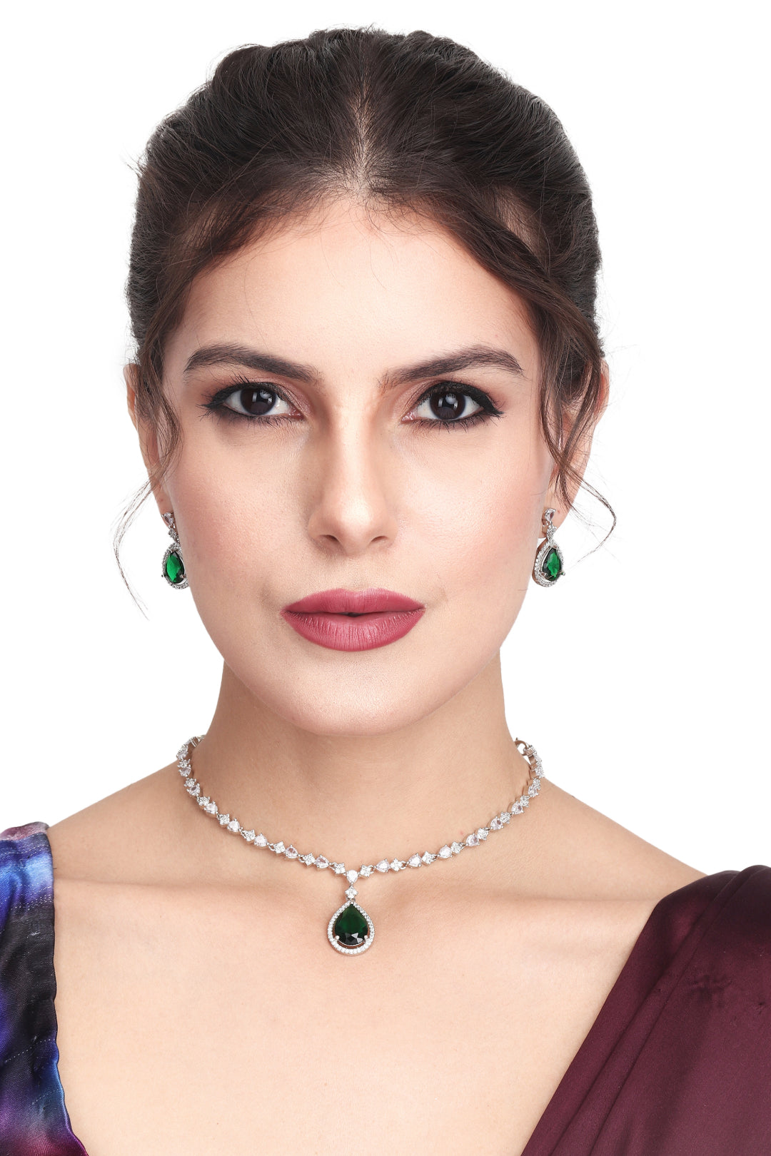 CZ Necklace with Pendant & Drop Earring Set in Green
