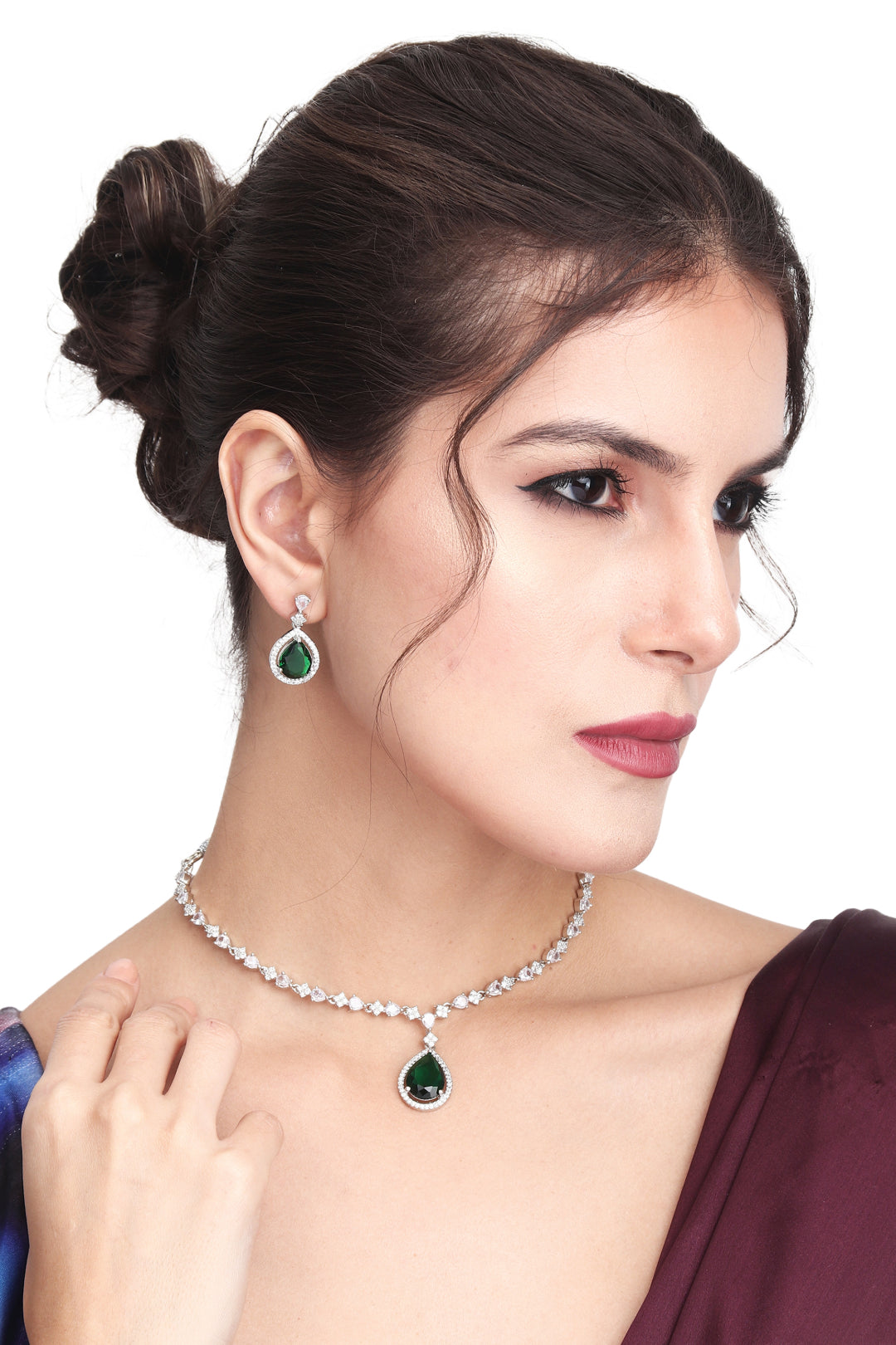 CZ Necklace with Pendant & Drop Earring Set in Green