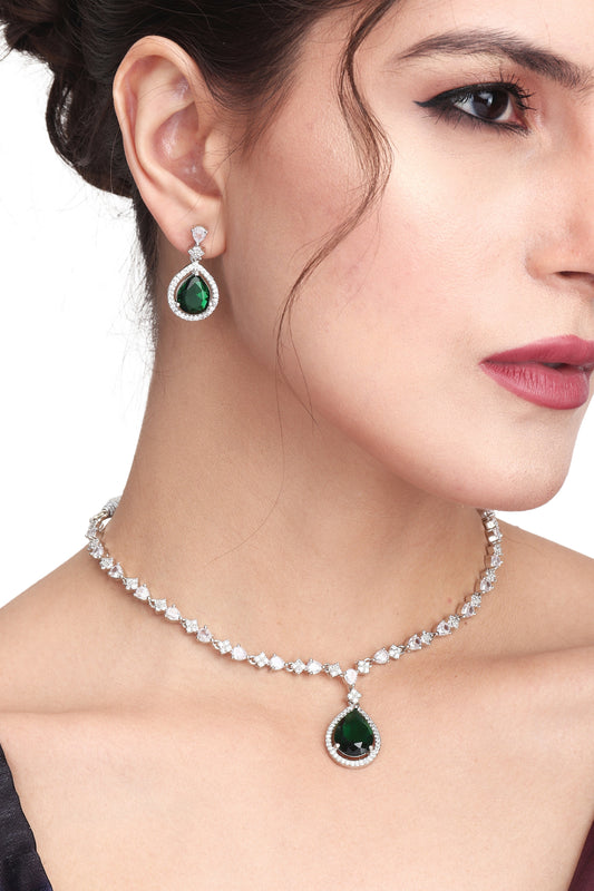 CZ Necklace with Pendant & Drop Earring Set in Green