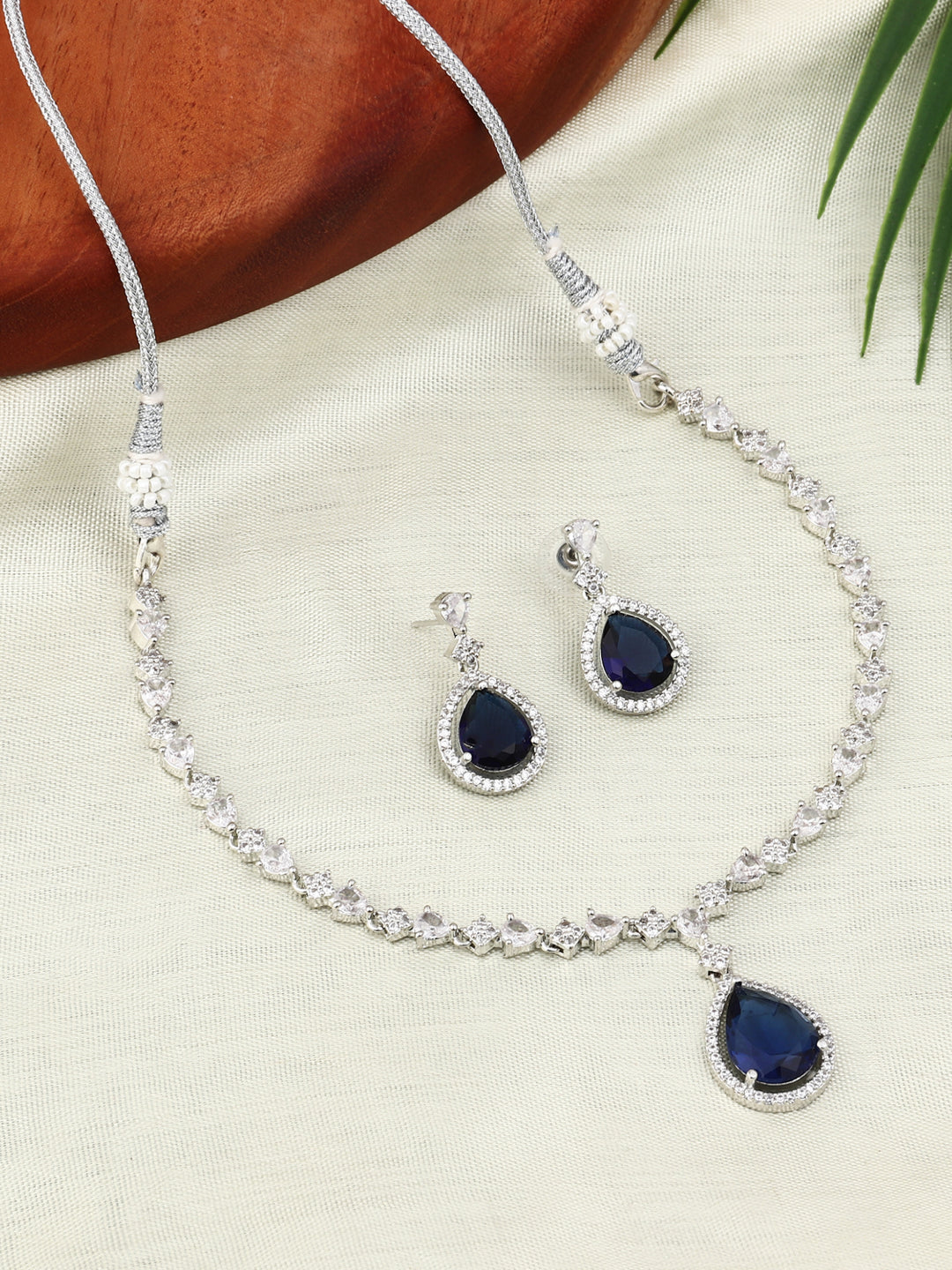 CZ Necklace with Pendant & Drop Earring Set in Blue