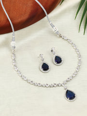 CZ Necklace with Pendant & Drop Earring Set in Blue