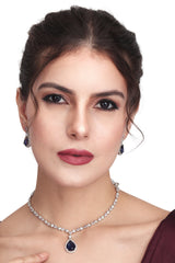 CZ Necklace with Pendant & Drop Earring Set in Blue