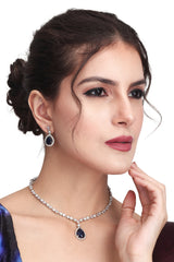 CZ Necklace with Pendant & Drop Earring Set in Blue