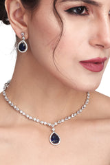 CZ Necklace with Pendant & Drop Earring Set in Blue