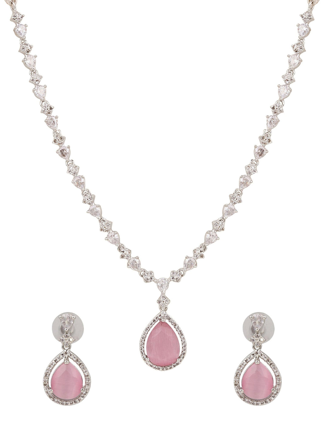 CZ Necklace with Pendant & Drop Earring Set in Pink