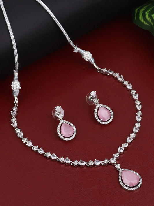 CZ Necklace with Pendant & Drop Earring Set in Pink