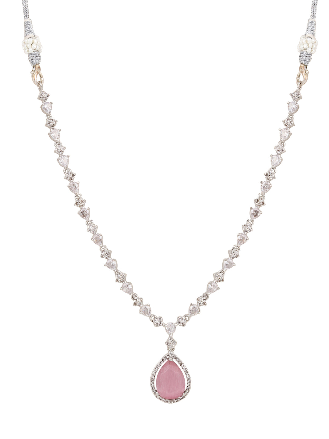CZ Necklace with Pendant & Drop Earring Set in Pink
