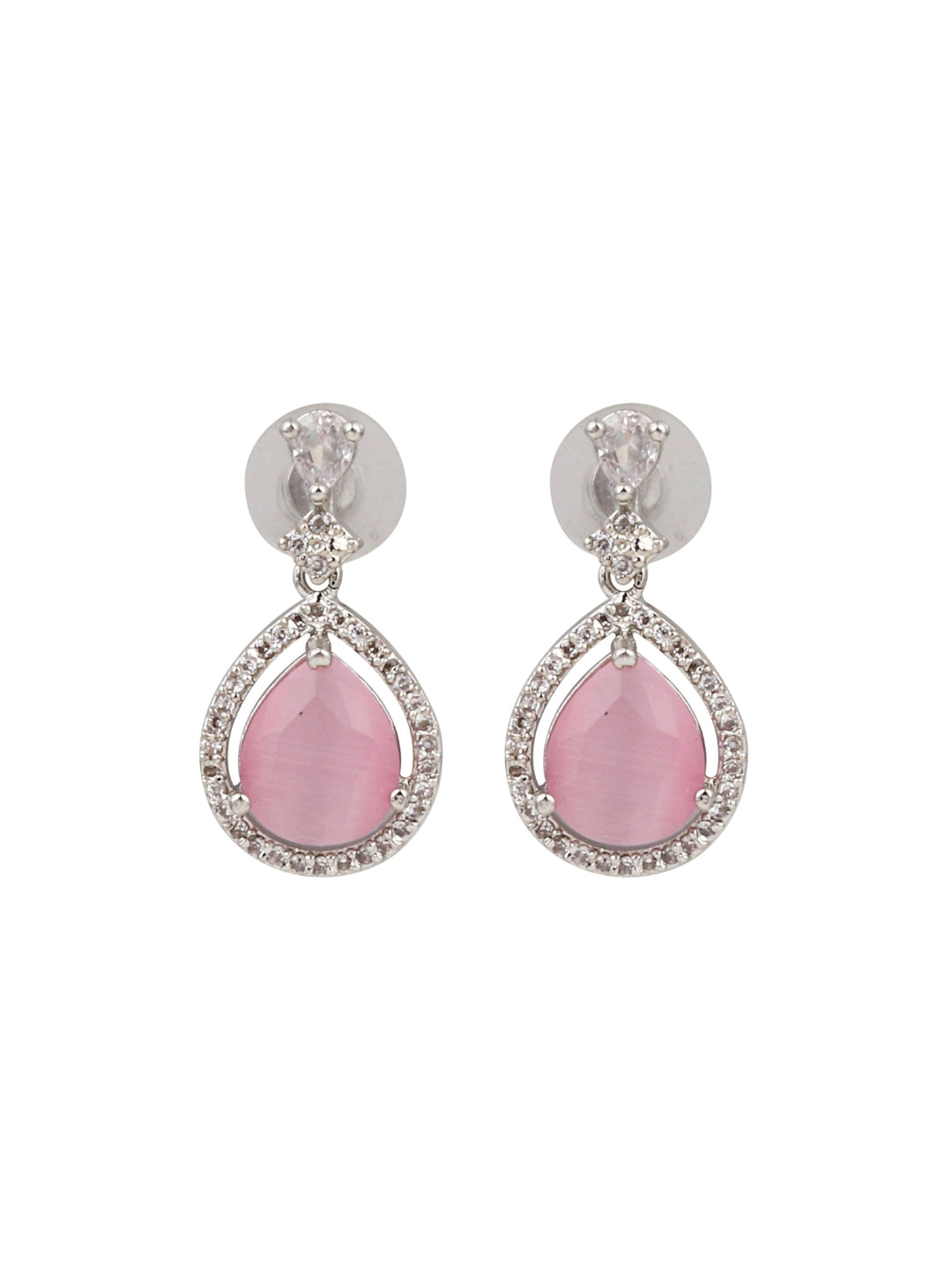 CZ Necklace with Pendant & Drop Earring Set in Pink