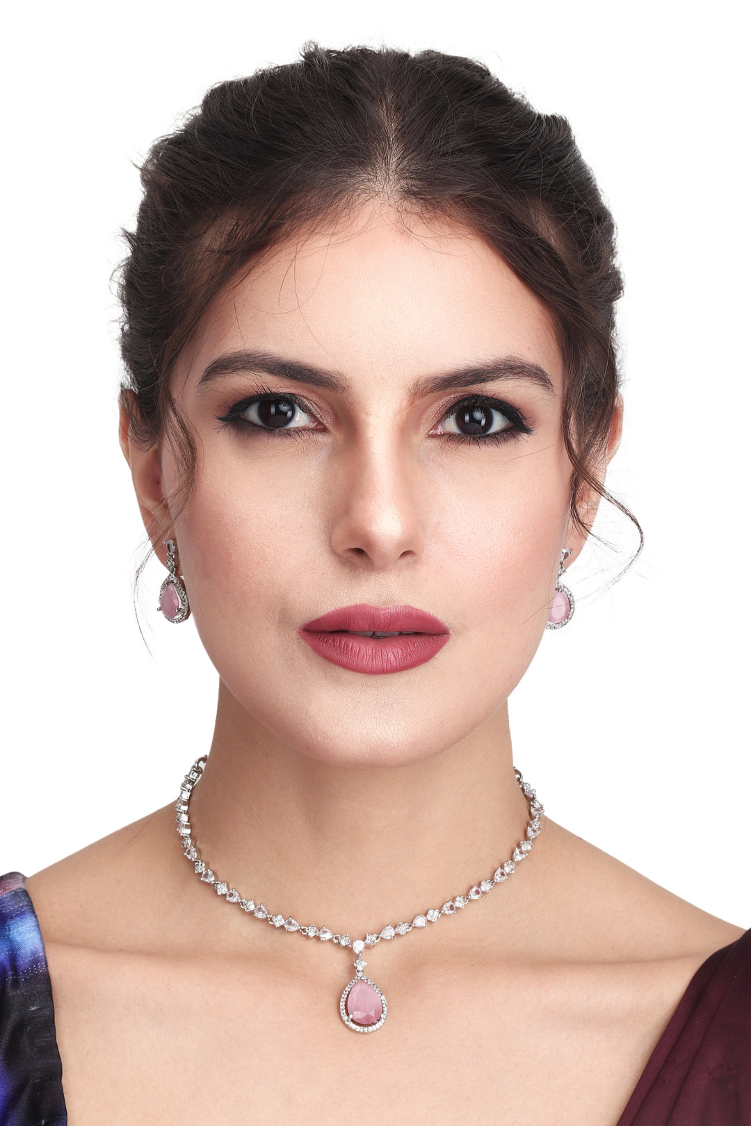 CZ Necklace with Pendant & Drop Earring Set in Pink