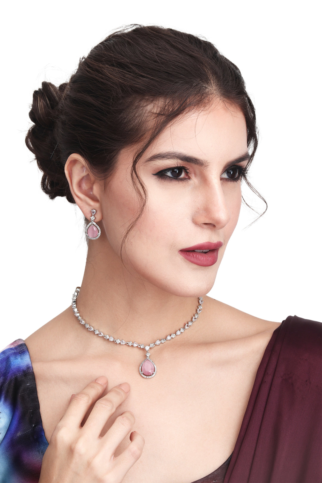 CZ Necklace with Pendant & Drop Earring Set in Pink