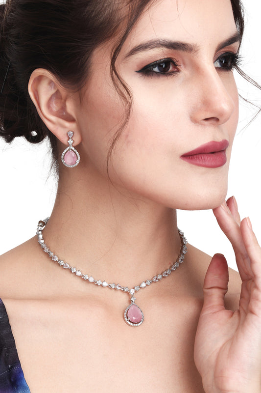CZ Necklace with Pendant & Drop Earring Set in Pink