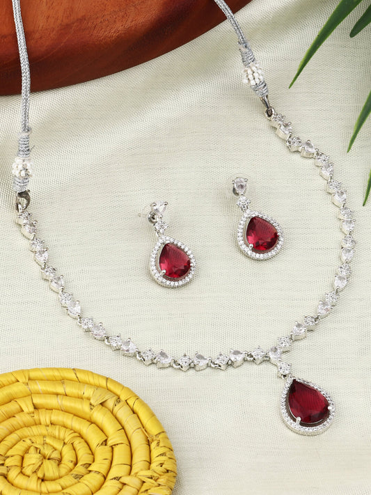 CZ Necklace with Pendant & Drop Earring Set in Red