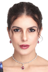 CZ Necklace with Pendant & Drop Earring Set in Red
