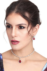 CZ Necklace with Pendant & Drop Earring Set in Red