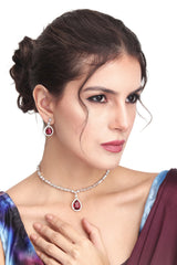 CZ Necklace with Pendant & Drop Earring Set in Red