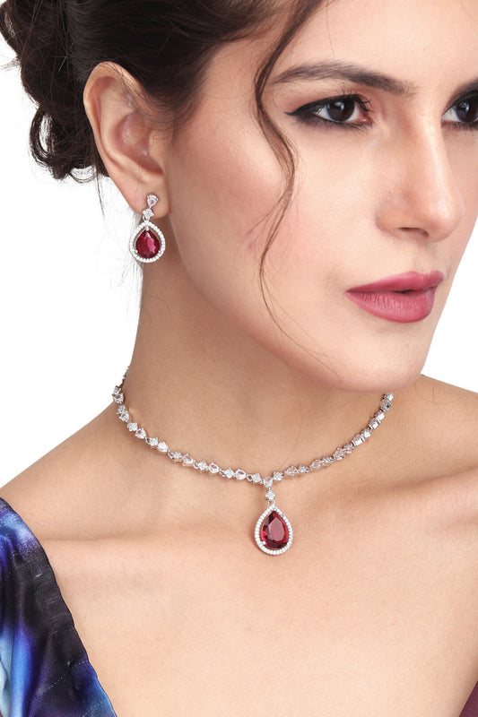 CZ Necklace with Pendant & Drop Earring Set in Red