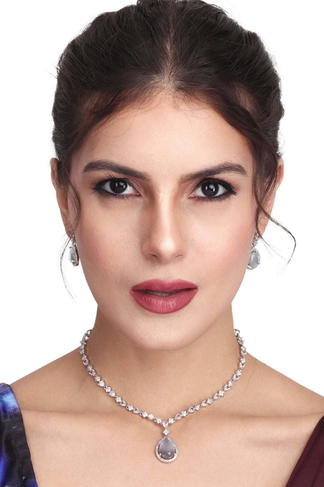 CZ Necklace with Pendant & Drop Earring Set in White
