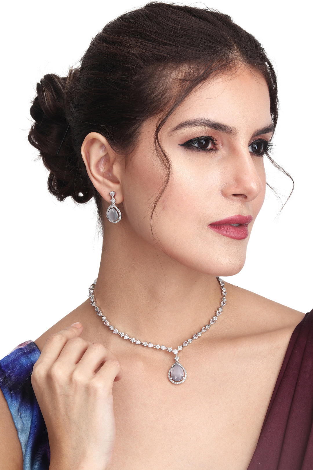 CZ Necklace with Pendant & Drop Earring Set in White