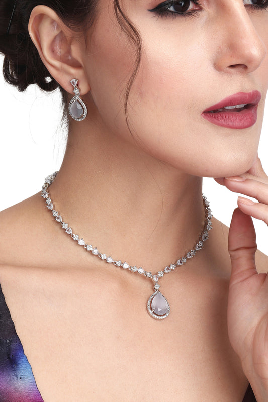 CZ Necklace with Pendant & Drop Earring Set in White