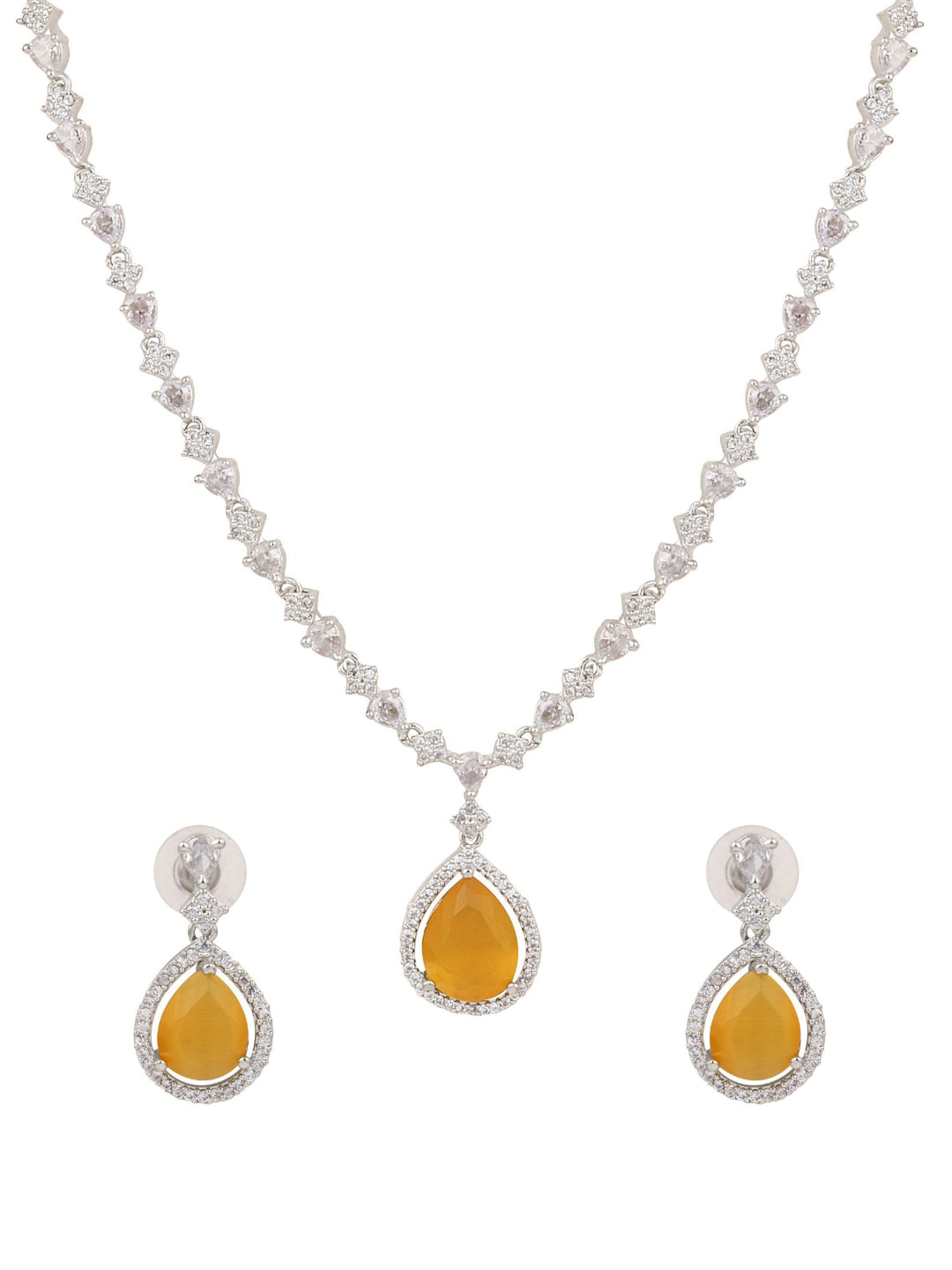 CZ Necklace with Pendant & Drop Earring Set in Yellow