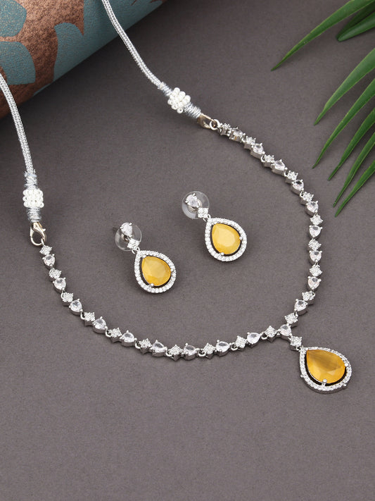 CZ Necklace with Pendant & Drop Earring Set in Yellow