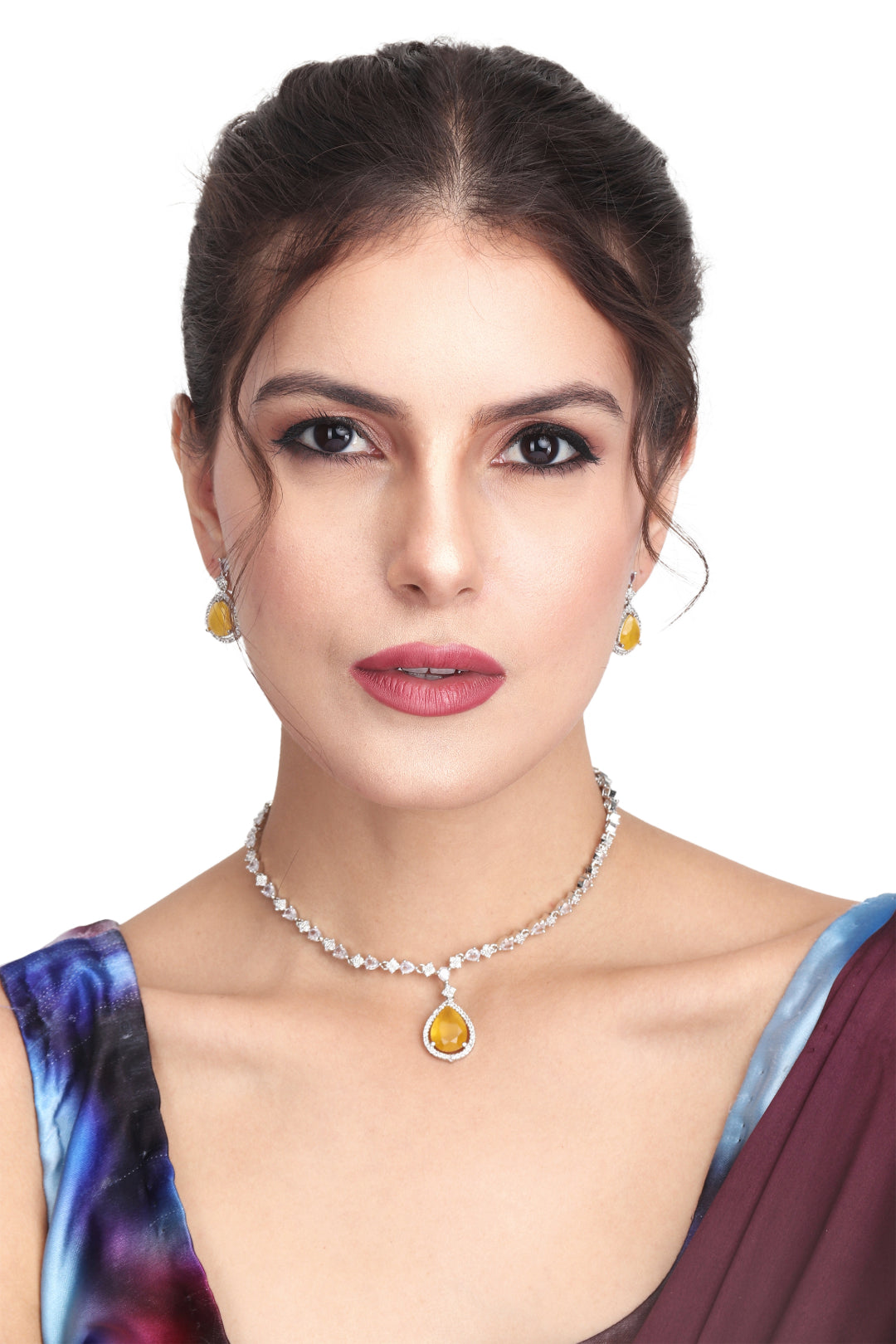 CZ Necklace with Pendant & Drop Earring Set in Yellow