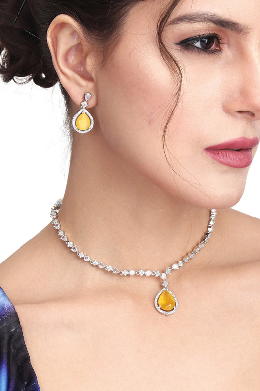 CZ Necklace with Pendant & Drop Earring Set in Yellow