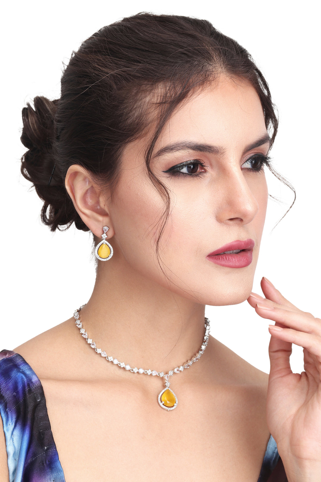 CZ Necklace with Pendant & Drop Earring Set in Yellow