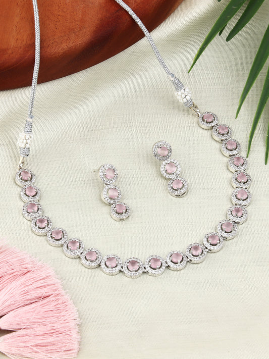 CZ stone delicate choker & earring set in Pink
