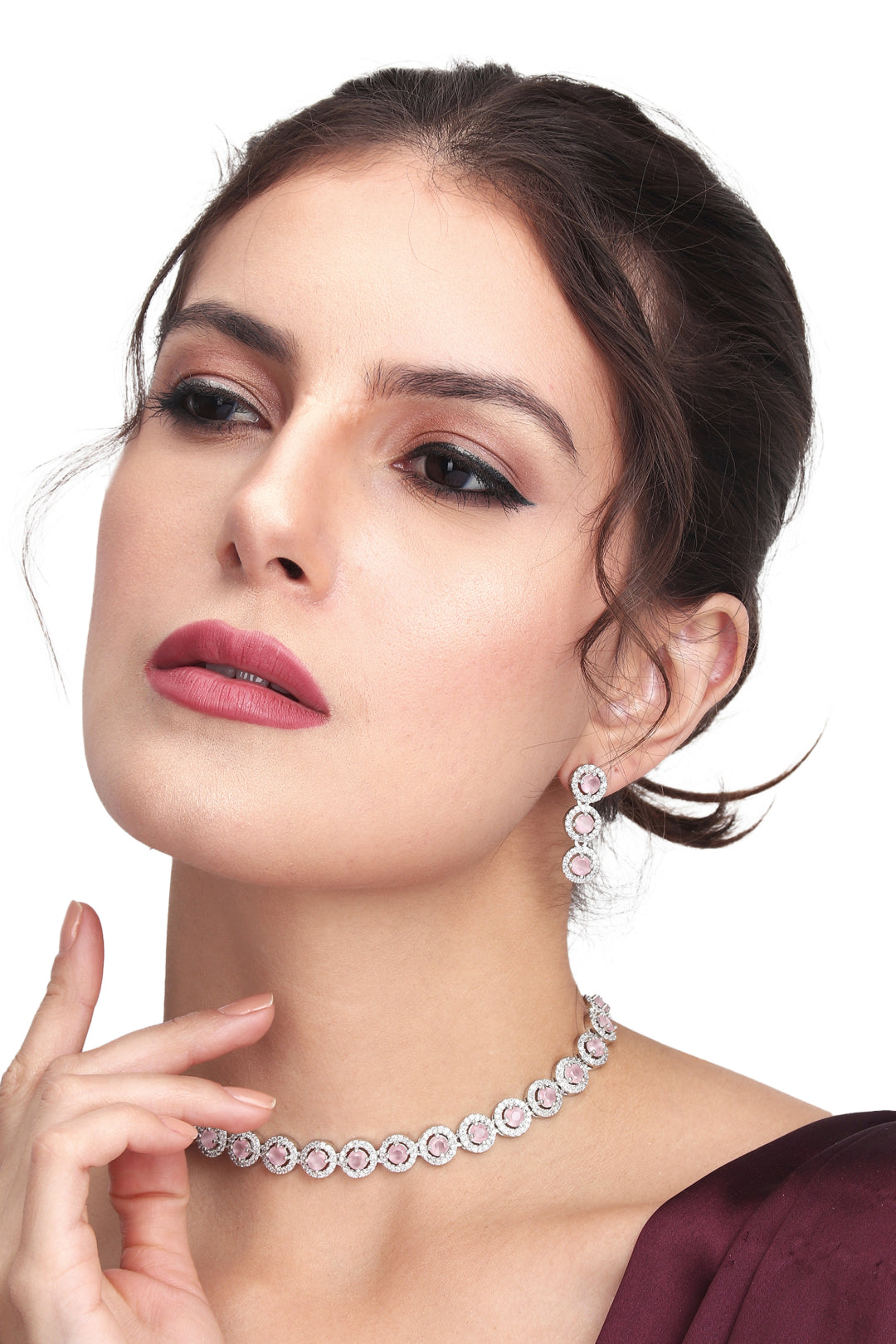 CZ stone delicate choker & earring set in Pink